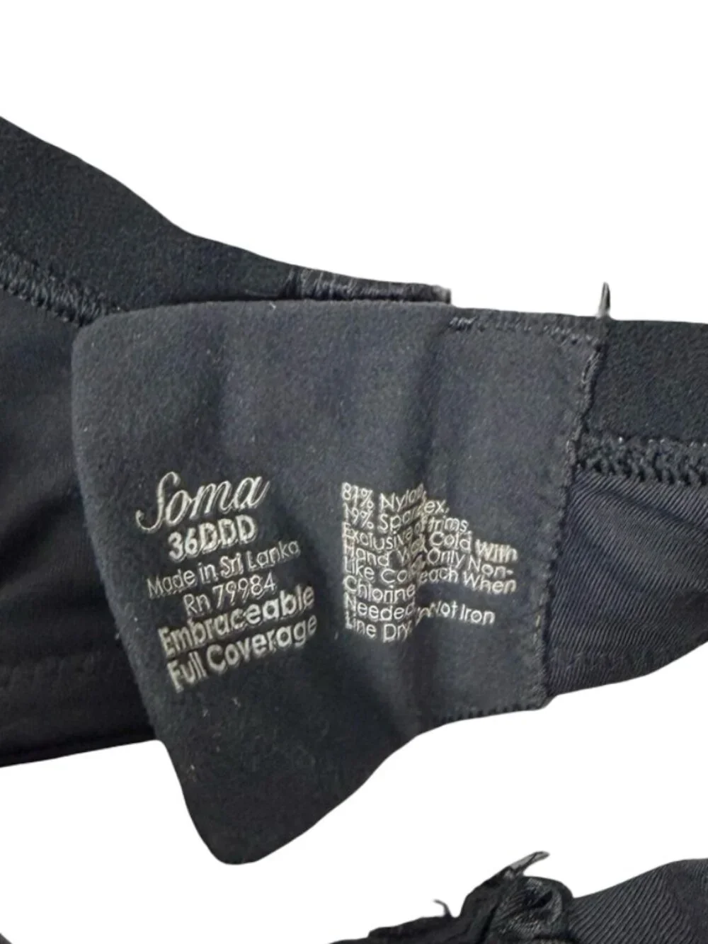 Soma Embraceable Full Coverage Bra Size 36DDD Black Light Padded Wire
